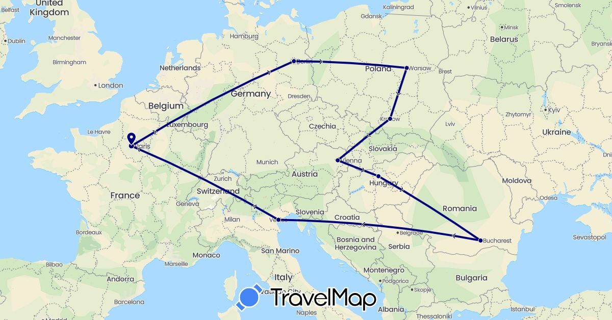 TravelMap itinerary: driving in Austria, Germany, France, Hungary, Italy, Poland, Romania (Europe)